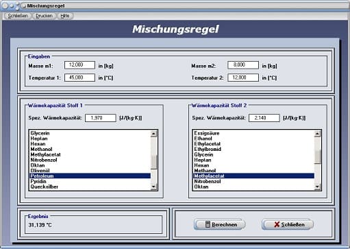 PhysProf - Mischung - Wärmeaustausch - Berechnen - Temperatur - Masse - Richmannsche Mischungsregel - Temperaturdifferenz - Temperaturänderung - Spezifische Wärmekapazität - Mischungstemperatur - Wärmekapazitäten - Formel