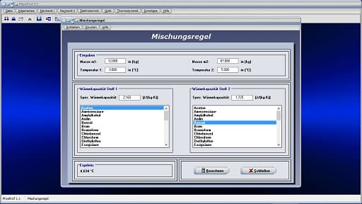 PhysProf - Mischung - Temperaturdifferenz - Temperaturänderung - Gleichgewichtstemperatur - Einheit - Physikalische Einheiten - Wärmetausch - Physik - Physikalisch - Mischen - Spez. Wärmekapazität - Wärmeaustausch - Berechnen - Masse - Rechner - Mischungsrechner