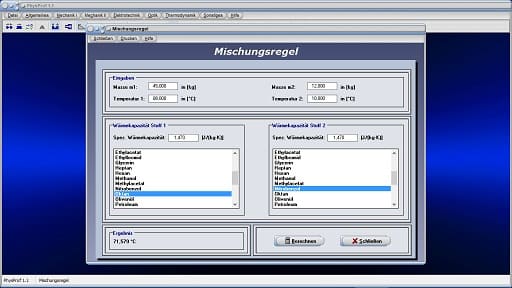 PhysProf - Mischen - Mittlere Temperatur - Einheit - Temperaturdifferenz - Temperaturänderung - Volumenausdehnung - Koeffizient - Ausdehnungskoeffizient  - Flüssigkeit - Flüssigkeiten - Berechnen - Rechner - Mischungsregel - Erwärmungsgesetz - Mischtemperatur