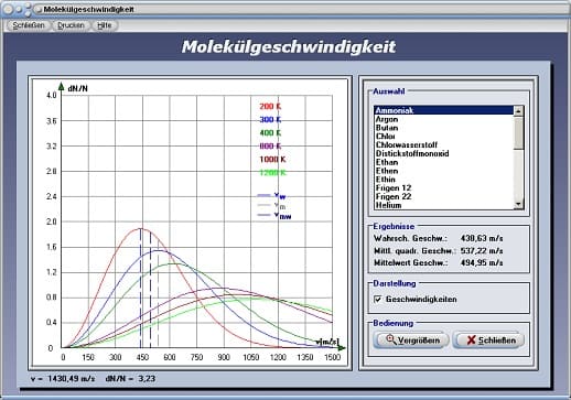 PhysProf - Molekülgeschwindigkeit - Maxwell - Normdruck - Normvolumen - Normdichte - Normbedingungen - Verteilungsgesetz - Anzahl - Moleküle - Gaskonstante - Gastemperatur - Masse - Geschwindigkeit - Diagramm - Rechner - Berechnen - Tabelle - Bild - Einheit - Boltzmann-Konstante - Formel