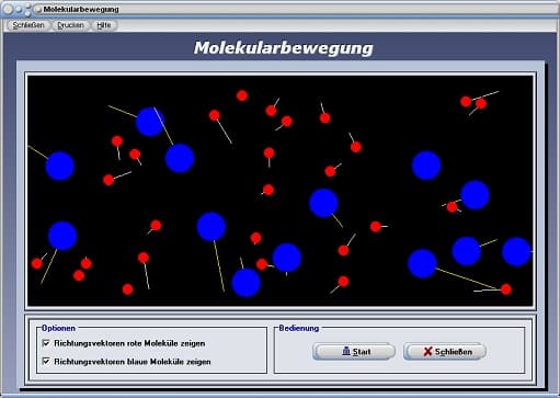 PhysProf - Molekularbewegung - Bewegung - Moleküle - Bewegen - Moleküle - Animation - Simulation - Kollision - Molekülbewegung - Molekulare Bewegung -  Richtungsvektoren - Geschwindigkeit - Masse - Zusammenstoß  - Animation - Darstellung - Teilchen - Graph - Bild - Physik - Formeln - Diffusion - Diffusionsvorgänge - Diffusionsvorgang - Wasser - Definition