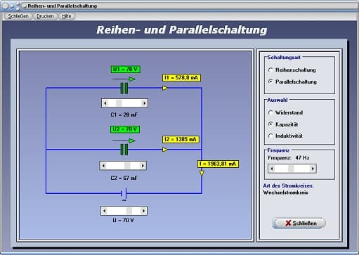 PhysProf - Parallelschaltung - Gesetze - Gleichstrom - Elektrik - Elektrotechnik - Grundlagen - Darstellen - Rechner - Berechnen - Elektrische Kapazität - Gesamtkapazität - Gesamtspannung - Gesamtstrom - Parallelschaltung von Kondensatoren - Ersatzkapazität