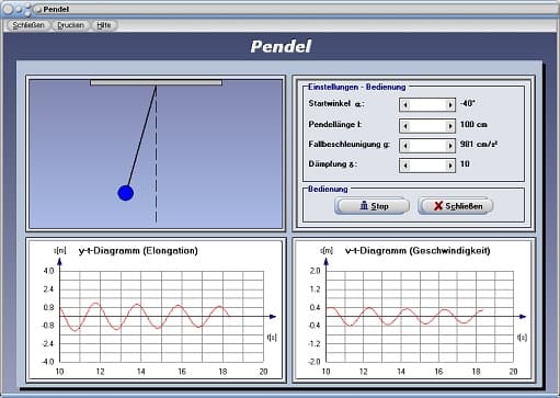 PhysProf - Pendel - Pendelbewegung - Schwingung - Berechnen - Gleichung - Physik - Diagramm - Mathematisches Pendel - Fadenpendel - Auslenkung eines Pendels - Amplitude - Maximale Geschwindigkeit - Gleichung - Dämpfung - Dämpfungskonstante - Periodendauer - Rechner - Abklingkoeffizient - Animation - Versuch - Experiment - Abklingkoeffizient - Höhe - Elongation - Schwingung - Frequenz - Schwingungsdauer - Winkel - Zeit - Geschwindigkeit - Berechnen