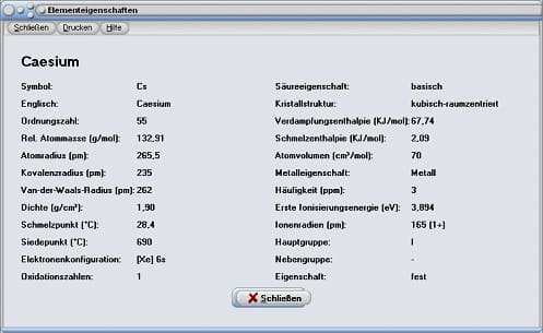 PhysProf - Caesium - Elektronenkonfiguration - Kristallstruktur - Säureeigenschaft - Verdampfungsenthalpie - Schmelzenthalpie