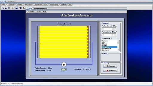 PhysProf - Kondensator - Feldstärke - Grafik - Darstellen - Formeln - Einheiten - Berechnen - Rechner - Dielektrizitätskonstante - Leiter - Konstante Spannung - Kondensatorplatten - Plattenabstand - Dielektrikum - Elektrische Feldlinien - Energiedichte - Elektrische Energiedichte