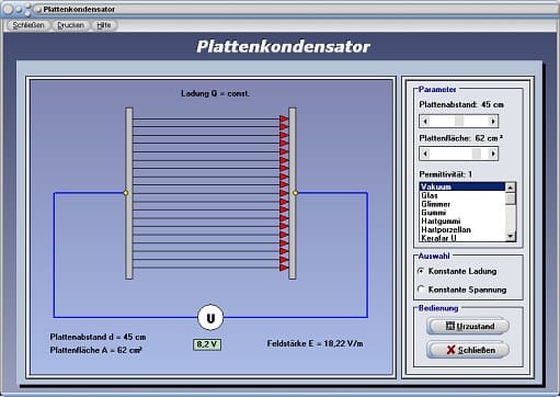 PhysProf - Plattenkondensator - Ladung - Feldstärke - Plattenabstand - Spannung - Ladung Q - Permittivität - Potenzialdifferenz - Oberflächenladung - Platten - Elektrisches Feld - Elektrische Feldstärke - Elektrische Feldkonstante - Rechner - Berechnen - Formeln