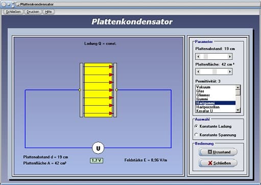 PhysProf - Plattenkondensator - Konstante Ladung - Elektrisches Feld - Elektrische Feldstärke - Elektrische Feldkonstante - - Darstellen - Rechner - Berechnen - Einheiten - Permittivität - Potenzialdifferenz - Elektrisches Feld - Ladung - Feldlinien