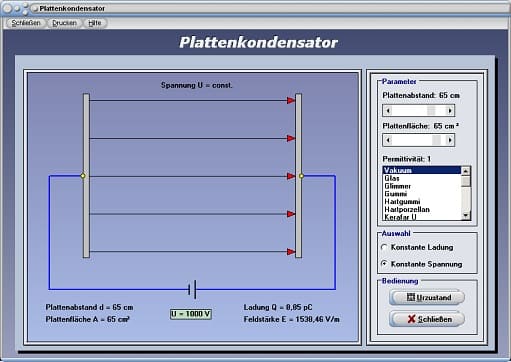 PhysProf - Plattenkondensator - Dieelektrikum - Plattenkondensatoren - Kondensatorplatten - Plattenfläche - Dielektrizitätskonstante - Abstand - Eigenschaften - Funktion - Fläche - Kapazität - Laden - Darstellen - Rechner - Berechnen