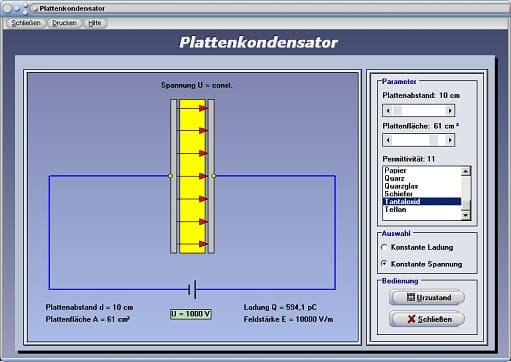 PhysProf - Plattenkondensator - Formeln - Elektrische Leiter - Elektrische Nichtleiter - Metallische Leiter - Nichtleiter - Isolatoren - Bild - Elektronenfluss - Ladungen - Elementarladung - Ladungserhaltungssatz - Kapazität - Darstellen - Rechner - Berechnen