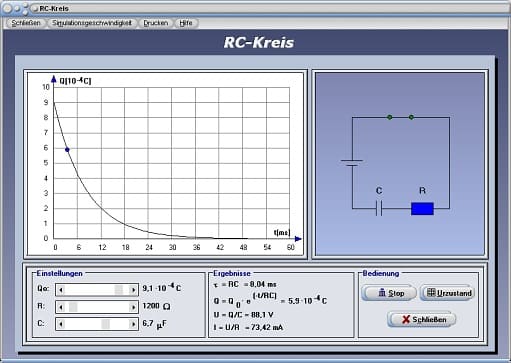 PhysProf - RC-Kreis - RC Reihenschaltung - RC-Glied - Widerstand - Strom - Ladung - Berechnen - RC-Schaltung - Ohmscher Widerstand - Kondensator - Kapazität - Spannung - Strom - Gleichspannung - Rechner - Simulation