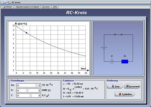 PhysProf - RC-Glieder - RC Schwingkreis - RC - Kreis - Elektrischer Schwingkreis - Stromverlauf - Zeitkonstante - Zeit - Simulation - Kennlinie - Berechnung - Darstellen - Rechner - Berechnen