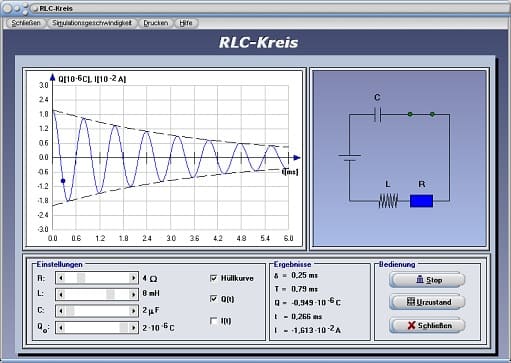 PhysProf - RLC-Kreis - RLC Reihenschaltung - RLC-Glied - Strom - Spannung - Induktivität - Kapazität - Frequenz - Zeit - Ladung - Stromstärke - Widerstand - Wirkwiderstand - Kondensator - Spule - Kennlinie - Darstellen - Graph - Rechner - Berechnen - Grafik - Formel
