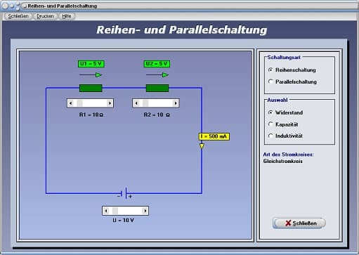 PhysProf - Reihenschaltung - Widerstand - Gleichstromkreise - Gleichstromwiderstand - Widerstandsschaltung - Widerstandsschaltungen - Kapazität - Induktivität - Strom - Spannung - Schaltung - Leitwert - Widerstandsberechnung - Elektrischer Stromkreis - Gleichstromkreis - Darstellen - Rechner - Berechnen
