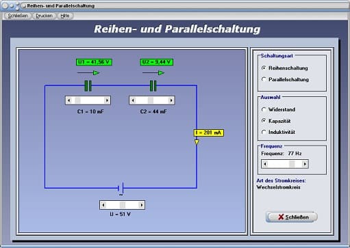 PhysProf - Reihe - Schaltung - Serienschaltung - Wechselstromkreis - Gleichstrom -  Stromstärke - Widerstände - Elektrische Schaltungen - Grundschaltungen - Widerstandsgesetz - Kondensator - Kapazität - Darstellen - Rechner - Berechnen - Reihenschaltung von Kondensatoren