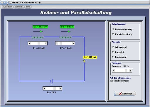 PhysProf - Reihenschaltung - Serienschaltung - Induktivität - Spule - Ohm - Ampere - Volt - Gesamtwiderstand - Gesamtinduktivität - Gesamtkapazität - Gesamtspannung - Gesamtstrom - Gleichspannung - Rechner - Berechnen - Reihenschaltung von Spulen