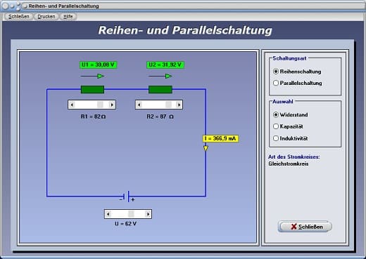 PhysProf - Elektrische Schaltungen - Grundschaltungen - Widerstandsgesetz - Rechner - Berechnen - Teilströme - Teilspannungen - Gesamtspannung - Gesamtstrom - Gleichspannung - Gleichspannungsquelle - Schaltkreis - Gesamtwiderstand berechnen - Spannung bei Reihenschaltung - Strom bei Reihenschaltung