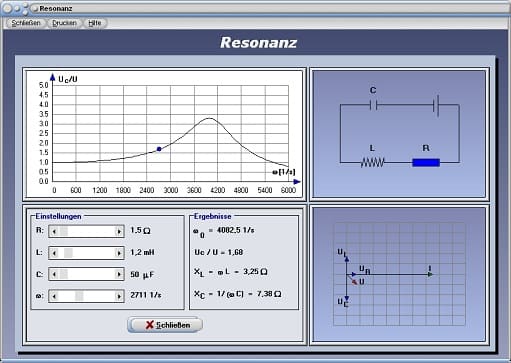 PhysProf - Resonanzfrequenz - Kreisfrequenz - Induktivität - Kapazität - Frequenz - Resonanz - Dämpfung - Diagramm - Ohmscher Widerstand - Elektrische Schwingung - Induktiver Widerstand - Kondensator - Spule - Rechner - Berechnen - Berechnung - Darstellen - Kapazitiver Widerstand