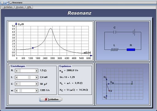 PhysProf - Resonanz - Frequenz - Diagramm - Kondensator - Spule - Rechner - Berechnen - Berechnung - Darstellen - Frequenz - Dämpfung - Elektrische Schwingung - Resonanzamplitude - Resonanzschwingung - Resonanzkatastrophe - Kritische Drehzahl