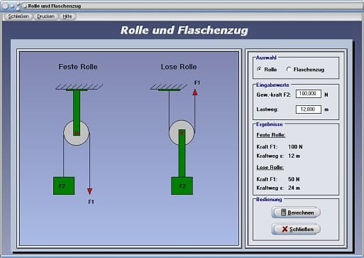PhysProf - Lastweg - Einfacher Flaschenzug - Gewichtskraft - Gewicht - Gesetz - Grafik - Zeichnung - Mechanik - Meter - Regel - Skizze - Verhältnis - Berechnungsformel - Arten - Beispiel - Funktionsweise - Funktion - Prinzip - Wirkungsweise - Feste Rolle - Lose Rolle - Kraft - Last - Rechner - Berechnen