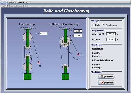 PhysProf - Flaschenzüge - Differentialflaschenzug - Gewichtskraft - Hubarbeit - Hubhöhe - Höhe - Heben - Anheben - Einheit - Zugweg - Seilkraft - Kraftwandler - Kraftumformende Einrichtungen - Gesetzmäßigkeiten - Feste und lose Rollen - Seilrolle - Seilrollen - Definition - Kraftweg - Lastweg - Rechner - Berechnen