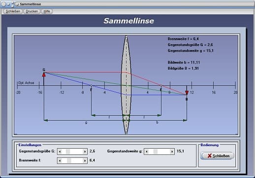 PhysProf - Parallelstrahl - Mittelpunktstrahl - Brennpunktstrahl - Vergrößerung - Strahlenverlauf - Rechner - Berechnen - Grafik - Darstellen - Brennweite - Brechwert - Dioptrie - Bildkonstruktion - Bildeigenschaften - Funktion - Animation - Bild - Brechwert - Brechkraft