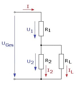 PhysProf - Belasteter Spannungsteiler - Spannungsteiler - Spannungsteilerschaltung- Teilspannung - Teilspannungen - Teilstrom - Teilströme - Berechnen - Formel