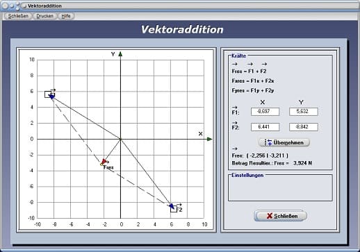 PhysProf - Kraftvektor - Betrag - Definition - Addition - Subtraktion - Addieren - Subtrahieren - Kräftedreieck - Gesamtkraft - Ersatzkraft - Vektorsubtraktion - Kräfteaddition - Kräfteskizze - Teilkraft - Teilkräfte - Gesamtkraft - Ersatzkraft - Kraftvektoren - Kraft - Kraftarten - Fundamentale Kräfte - Abgeleitete Kräfte - Rechner - Berechnen