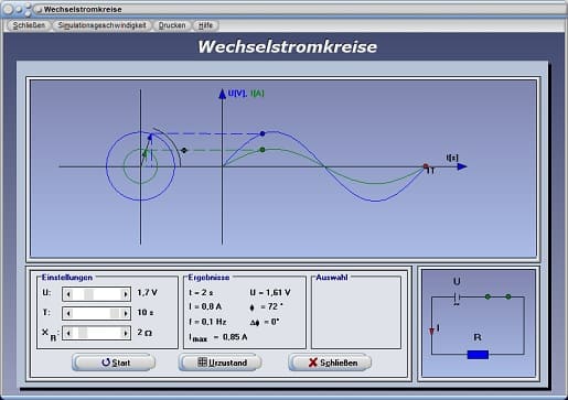 PhysProf - Wirkwiderstand - Induktiver Widerstand - Kapazitiver Widerstand - Sinusförmige Spannung - Sinusförmige Wechselspannung - Wechselstromwiderstand - Simulation - Stromverlauf - Nulldurchgang - Amplituden - Positive Amplitude - Leistung - Widerstände im Wechselstromkreis - Phasenwinkel - Nullphasenwinkel - Berechnen