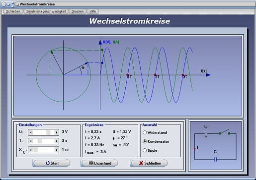 PhysProf - Wechselstrom - Stromverlauf - Spannungsverlauf - Nulldurchgang - Amplituden - Positive Amplitude - Negative Amplitude - Formeln - Phasenwinkel - Nullphasenwinkel - Simulator - Animation - Phasenverschiebung - Phasendifferenz - Frequenz - Amplitude - Wechselstromwiderstand - Diagramm - Berechnen - Rechner