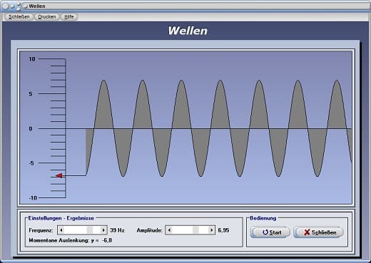 PhysProf - Wellen - Berechnung - Formeln - Erklärung - Beschreibung - Rechner - Berechnen - Grafisch - Amplitude - Auslenkung - Animation - Phasengeschwindigkeit - Formel - Definition - Beispiel - Geschwindigkeit - Ausbreitungsrichtung - Simulation - Ausbreitung