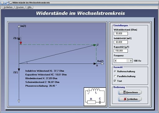 PhysProf - Reihenschaltung - Widerstand - Kapazität - Induktivität - Wirkwiderstand - Induktiver Widerstand - Darstellen - Rechner - Berechnen - Widerstände - Parallelschaltung - Kondensator - Spule - Leiterwiderstand - Strom - Stromkreis - Kapazität - Frequenz - Kreisfrequenz - Stromstärke - Spannung