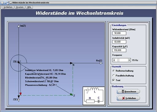 PhysProf - Wechselstrom - Wechselstromkreis - Reihenschaltung - Parallelschaltung - Kondensator - Spule - Leiterwiderstand - Phasenverschiebung - Phasenwinkel - Blindleitwert - Scheinleitwert - Gesamtwiderstand - Gesamtleitwert - Zeigerdiagramm - Darstellen - Rechner - Berechnen