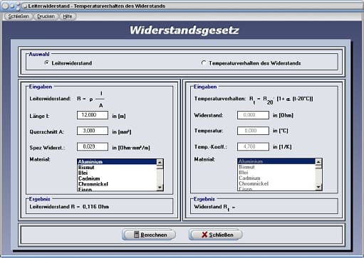 PhysProf - Widerstandsgesetz - Widerstand - Leiter - Temperatur - Länge - Querschnitt - Material - Leiterwiderstand - Rechner - Berechnen - Kehrwert - Leitung - Leitungsquerschnitt - Leiterquerschnitt - Leitungslänge - Draht - Drähte - Kupfer - Aluminium - Silber - Leiterlänge - Tabelle