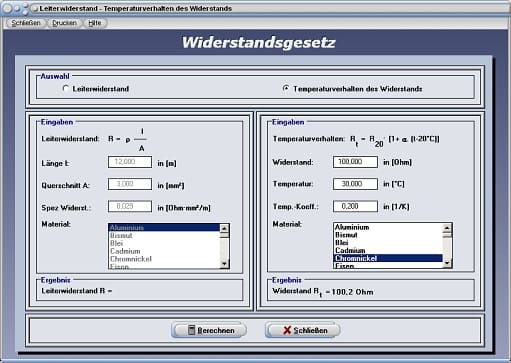 PhysProf - Elektrische Leitfähigkeit - Spezifischer Widerstand - Physik - Physikalisch - Spezifischer Leitwert - Widerstand - Kehrwert - Leitung - Leitungsquerschnitt - Leiterquerschnitt - Leiterlänge - Querschnitt - Tabelle - Joulesche Wärme - Joulesches Gesetz - Rechner - Berechnen