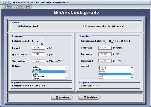 PhysProf - Elektrischer Leiter - Elektrische Leiter - Leitwert - Leitfähigkeit - Leiter - Durchmesser - Leiterdurchmesser - Leiterquerschnitt - Leitungslänge - Temperatur - Temperaturkoeffizient - Elektrischer Leitwert - Joulesche Wärme - Tabelle - Draht - Drähte - Rechner - Berechnen