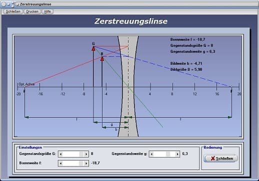 PhysProf - Brennebene - Eigenschaften - Linsengleichung - Abbildungsgleichung - Hauptstrahlen - Bildweite - Reelles Bild - Virtuelles Bild - Parallelstrahl - Brennpunktstrahl - Abbildung - Fokus - Rechner - Berechnen - Strahlenverlauf - Grafisch - Darstellen