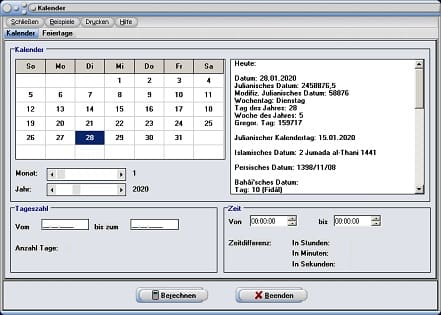 PhysProf - Kalender - Rechner - Software - Julianisches Datum - Gregorianisches Datum - Zeitabstand - Zeiten - Berechnen - Zeit umrechnen - Zeiten umrechnen - Zeitangaben - Zeitspannen - Zeitspanne - Sekunden - Minuten - Stunden - Tage - Tabelle - Zeitminuten - Umrechnung