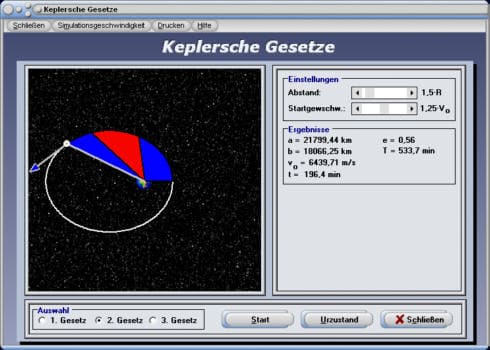 PhysProf - Keplersche Gesetze - Umlaufzeiten - Entfernung - Distanz - Rechnen - Orbit - Umlaufdauer - Bild - 2. Gesetz - 2. Keplersches Gesetz - Geschwindigkeit - Zeit - Rechner - Berechnen - Simulation - Animation - Elliptische Bahn - Kreisbahn - Kreisbahngeschwindigkeit - Anziehungskraft - Flächensatz - Formel - Formeln