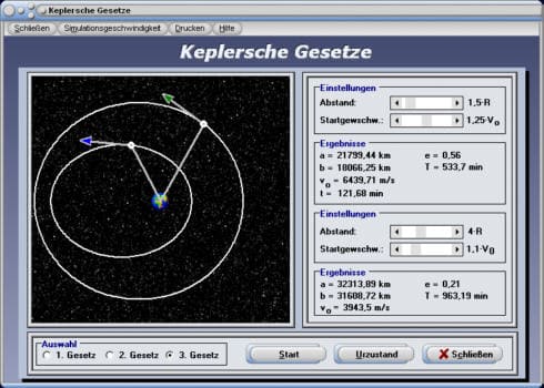 PhysProf  - 1. Kosmische Geschwindigkeit - 2. Kosmische Geschwindigkeit - 3. Kosmische Geschwindigkeit - Geschwindigkeit - Zeit - Darstellen - Grafisch - Rechner - Berechnen - Grafik - Plotten - Simulation - Animation