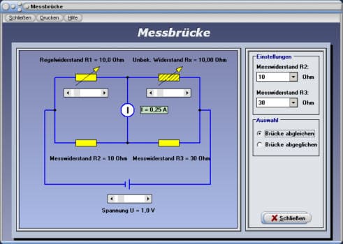 PhysProf - Messbrücke - Abgleichen - Berechnen - Regelwiderstand - Widerstand - Strom - Spannung - Schaltung - Wheatstone-Brücke - Wheatstonesche Brücke - Widerstandsmessbrücke - Widerstandsmessung - Messbrücke abgleichen - Rechner - Bild - Belastete Brückenschaltung