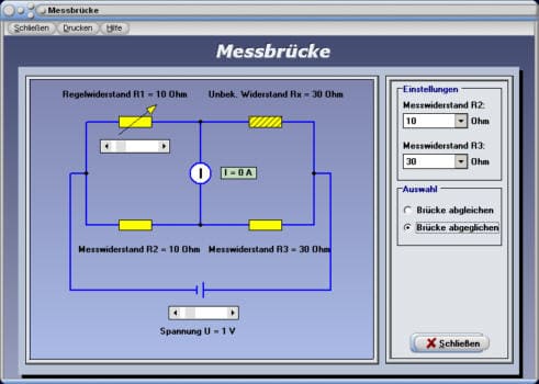 PhysProf - Messbrücke - Abgleich - Regelwiderstand - Widerstand - Strom - Spannung - Schaltung - Gleichung - Brückenschaltung berechnen - Regelwiderstand - Abgleichen - Abgeglichene Brückenschaltung - Abgeglichene Messbrücke - Messschaltung - Messwiderstand - Abgleichbedingung - Rechner - Berechnen