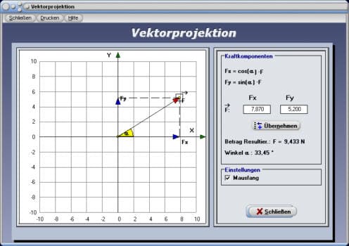 PhysProf - Vektorprojektion - Projektion - Resultierende Kraft - Winkel - Kräfte - Parallelogramm - Rechner - Berechnen - Resultierende - Richtung - Winkel - Pfeil - Pfeile - Vektoren