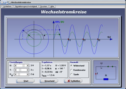 PhysProf - Wirkwiderstand - Wechselstromkreis - Spannung - Stromstärke - Phasenverschiebung - Schwingungsdauer - Darstellen - Rechner - Berechnen - Grafik - Simulation - Stromverlauf - Spannungsverlauf - Amplituden - Positive Amplitude - Negative Amplitude - Formeln - Phasenwinkel - Nullphasenwinkel - Simulator - Animation