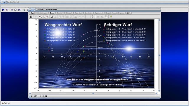 SimPlot - Animation - Bilder - Simulation - Waagrechter Wurf - Schräger Wurf  - Interaktive Grafiken - Programm - Tool - Analyse - Simulationen