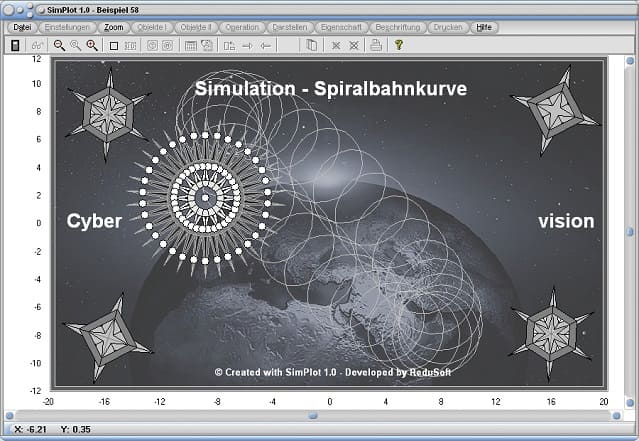 SimPlot - Animationssoftware - Simulation - Objekte bewegen - Polygone - Stern - Spiralbahn